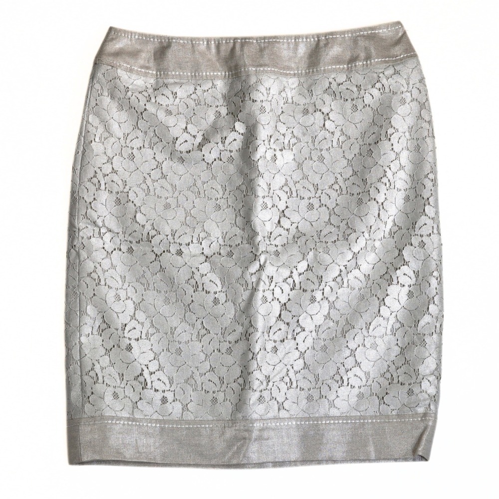 Escada Pencil Skirt Womens 36 Silver Metallic Lace Linen Floral Cocktail Formal